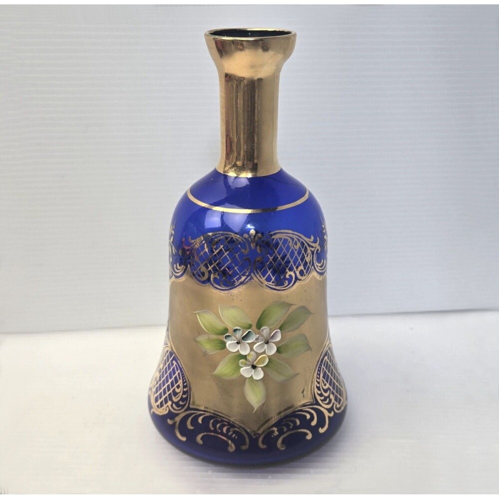 Vintage Bohemian Cobalt Blue Glass Vase Gold Gilt Raised Enamel Flowers Moser